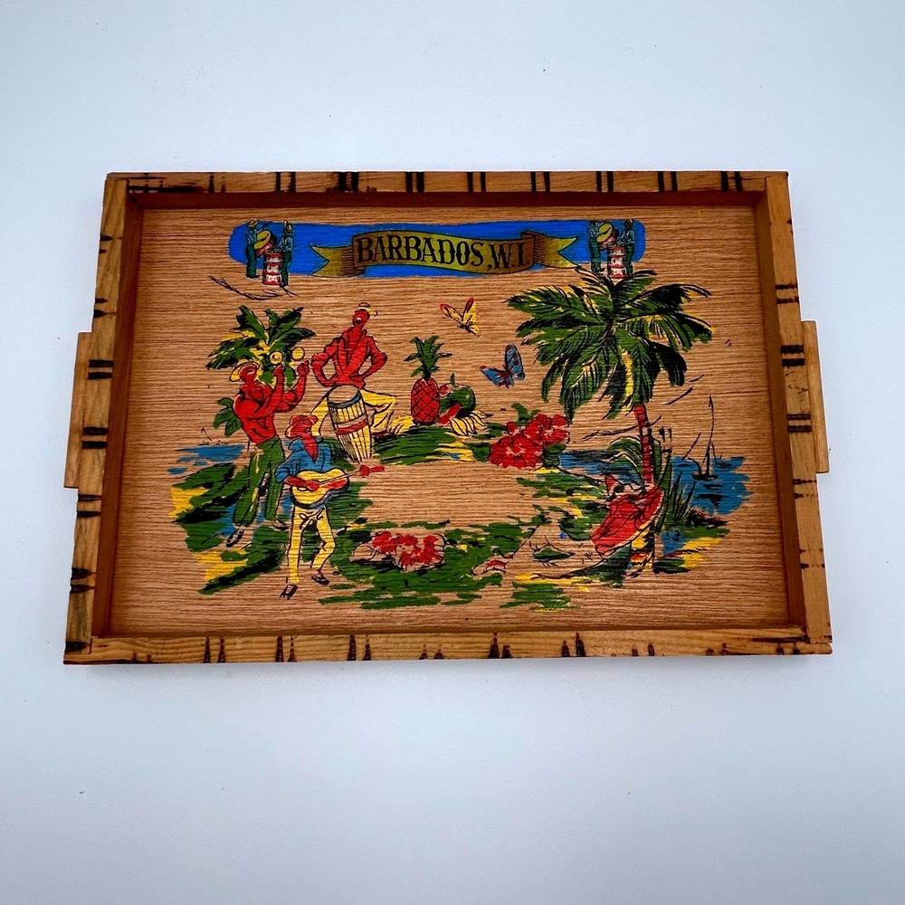 Vintage Barbados W.I. Hand Painted Wooden Souvenir Tray Tropical Tiki Decor